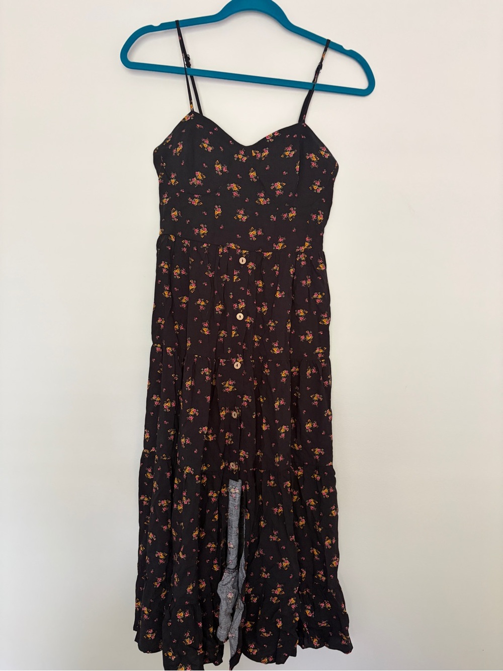 Black Floral Tiered Spaghetti-Strap Dress